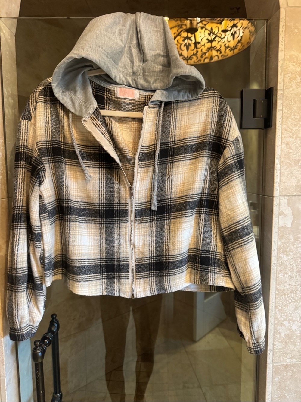 Plaid Hooded Utility Jacket in Black and Cream